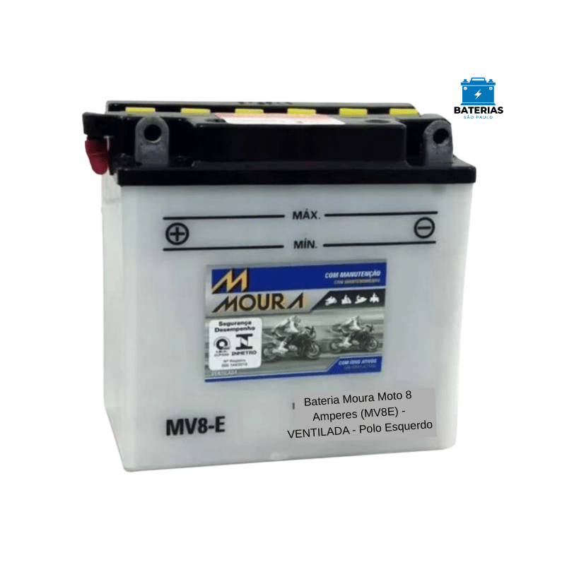 Bateria Moura Moto 8 Amperes (MV8E) - VENTILADA - Polo Esquerdo Bateria Moura Moto 8 Amperes (MV8E) - VENTILADA - Polo Esquerdo